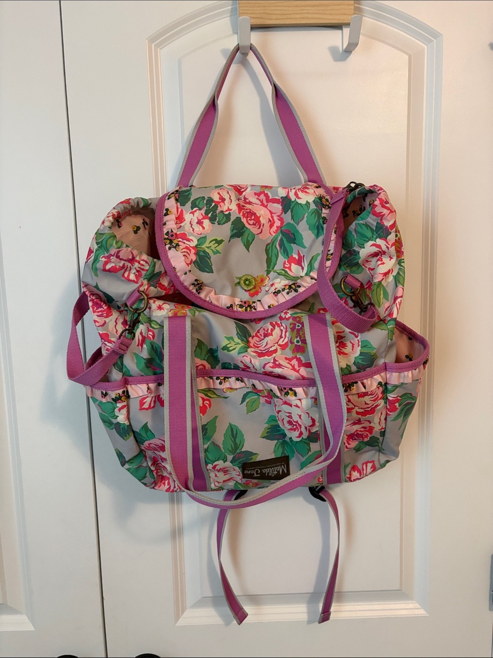 Matilda Jane Gray Floral Baby Bag with Pink Trim and Green Leaves